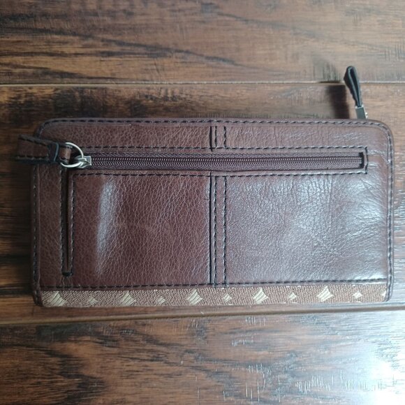 Fossil Wallet Womens Brown Leather Canvas Geometric Zip ID Card Coin - Picture 3 of 10
